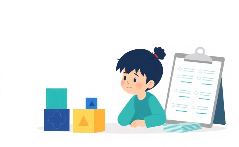 Criança realizando atividades de avaliação neuropsicológica com blocos e protocolo
